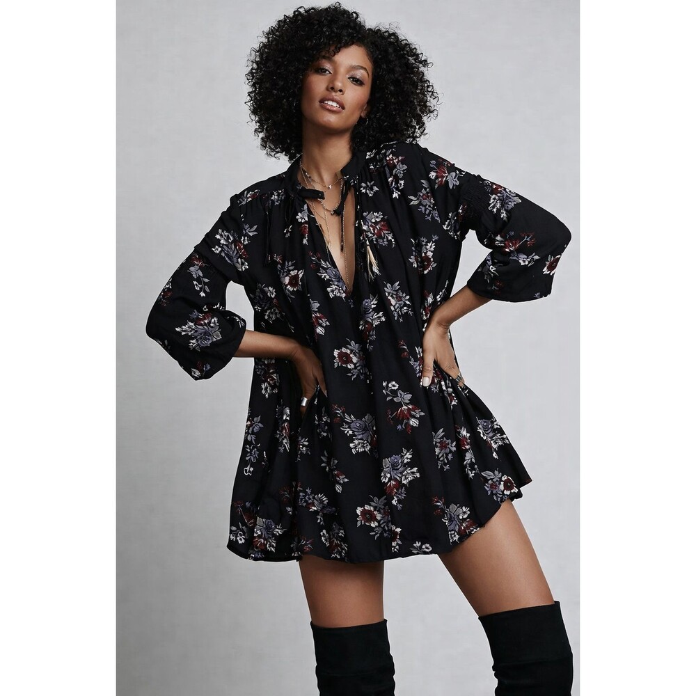 Free People Tree Swing Tunic Dress Small Black Floral Long Sleeve Boho